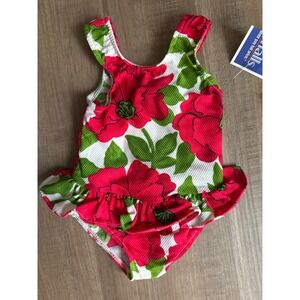 Banana Split Baby Girls Red Floral Ruffle One Piece Swimsuit Size 18M NEW